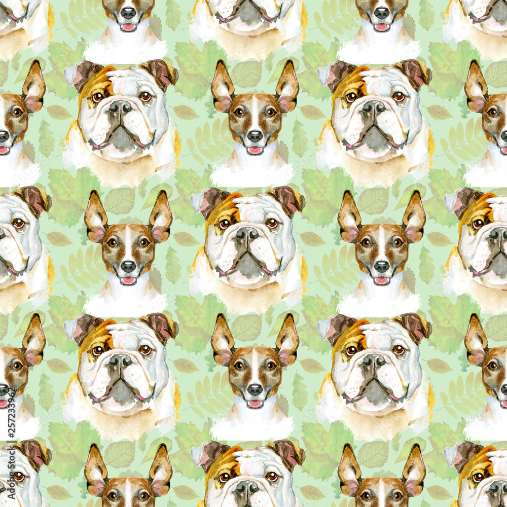 Watercolor seamless pattern of bulldog and jack russell terrier. Pet, puppy background. Animal wallpaper.