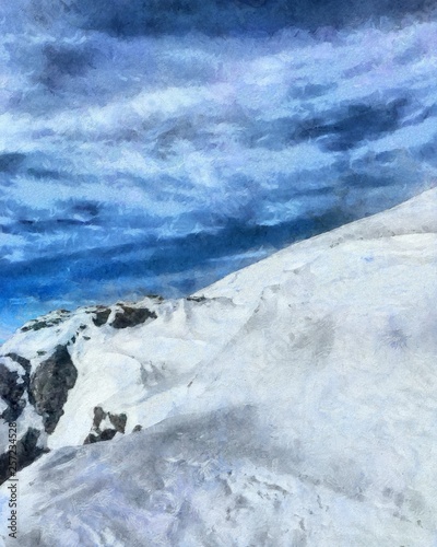 Hand drawing watercolor art on canvas. Artistic big print. Original modern painting. Acrylic dry brush background.  Beautiful winter mountain landscape.  