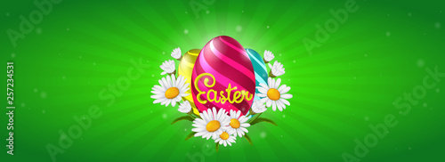 Easter banner with colorful eggs and chamomile flowers on a green background