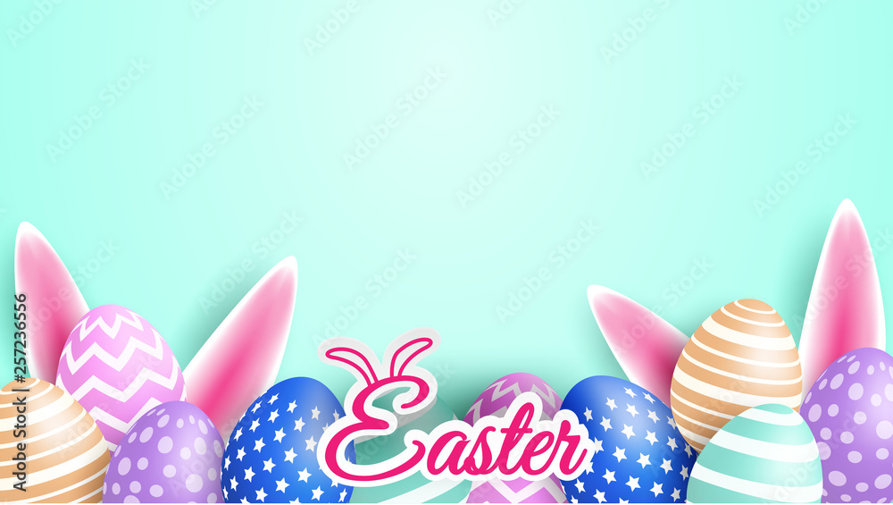 Happy easter celebration. Colorful easter egg on mint green soft background ,light and shadow . Vector.