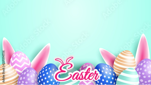 Happy easter celebration. Colorful easter egg on mint green soft background ,light and shadow . Vector.