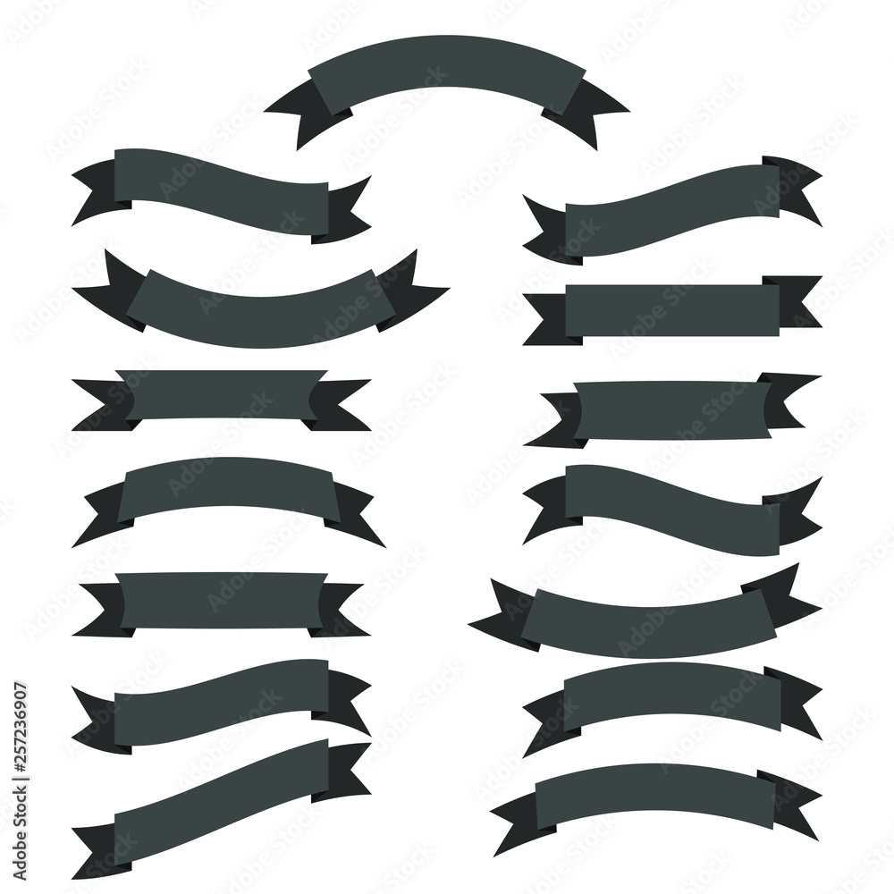 Flat vector ribbon banners flat, set of dark gray ribbon illustrations isolated on white background Flat vector ribbon banners flat, set of dark gray ribbon illustrations isolated on white background