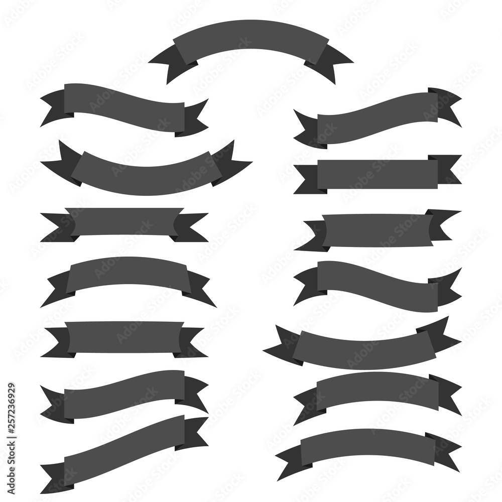 Flat ribbon banners , set of dark gray ribbon illustrations isolated on white background Flat ribbon banners , set of dark gray ribbon illustrations isolated on white background
