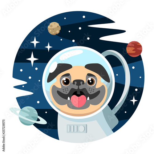 pug astronaut in space among planets