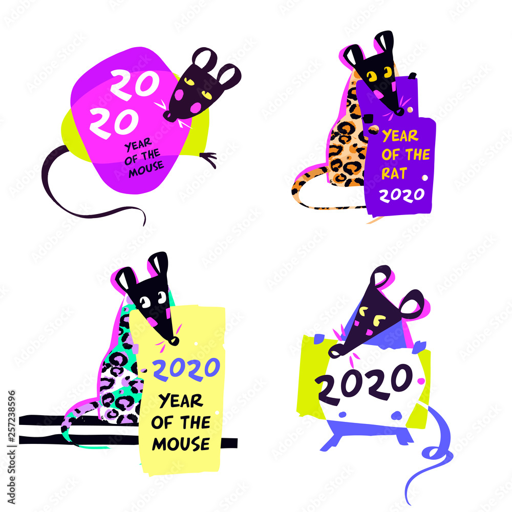 Fototapeta premium 2020 Mouse Happy New Year template greeting card, postcard, banner, poster, flyer. Set Mouse, Rat horoscope sign. Chinese lunar calendar, year of Rat 2020. Eighties style design with leopard pattern.