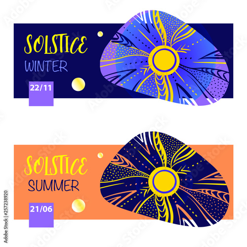 Summer solstice.  Concept logo, sign, badge with abstract summer sun. Template design for greeting gift card, banner, invitation, poster, flyer for solstice party