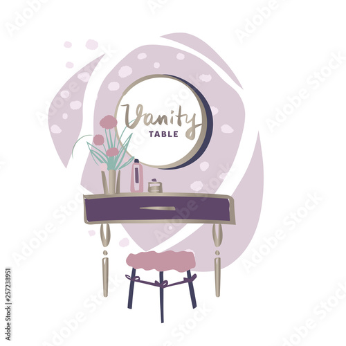 Vanity table with cosmetic mirror on wall. Female boudoir for makeup. Concept banner, poster, flyer for beauty boutique, fashion style studio, eco cosmetic shop. Makeup table. Vector illustration