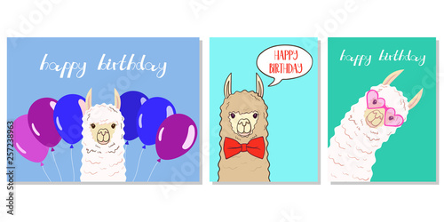 Cute llama, alpaca for poster, greeting, birthday card and party decor collection. Vector illustration