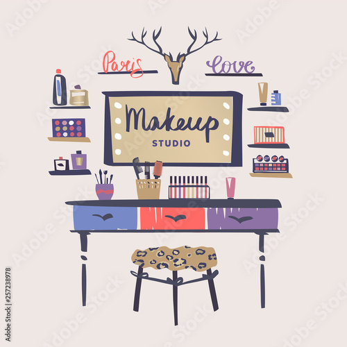 Vanity table with cosmetic mirror on wall. Female boudoir for makeup. Concept banner, poster, flyer for beauty boutique, fashion style studio, eco cosmetic shop. Makeup table. Vector illustration