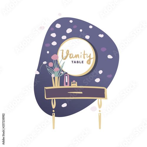 Vanity table with cosmetic mirror on wall. Female boudoir for makeup. Concept banner, poster, flyer for beauty boutique, fashion style studio, eco cosmetic shop. Makeup table. Vector illustration