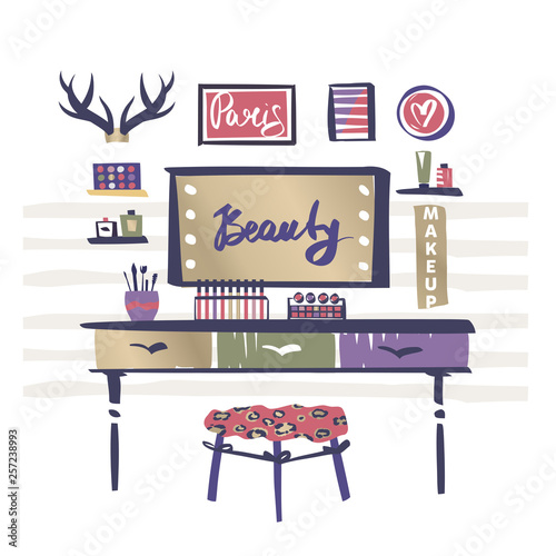 Vanity table with cosmetic mirror on wall. Female boudoir for makeup. Concept banner, poster, flyer for beauty boutique, fashion style studio, eco cosmetic shop. Makeup table. Vector illustration