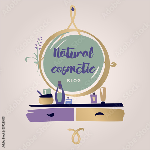 Vanity table with cosmetic mirror on wall. Female boudoir for makeup. Concept banner, poster, flyer for beauty boutique, fashion style studio, eco cosmetic shop. Style beauty blog