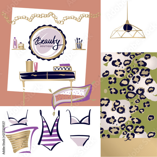 Makeup table with cosmetic mirror on wall. Sketch image leopard pattern and swimsuit. Female boudoir for makeup. Concept image for beauty boutique, fashion style studio, eco cosmetic shop