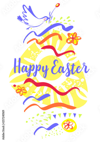 Concept image with silhouette dove and flower for Happy Easter. Template sketch vertical banner, poster for celebration religion holiday. Vector illustration