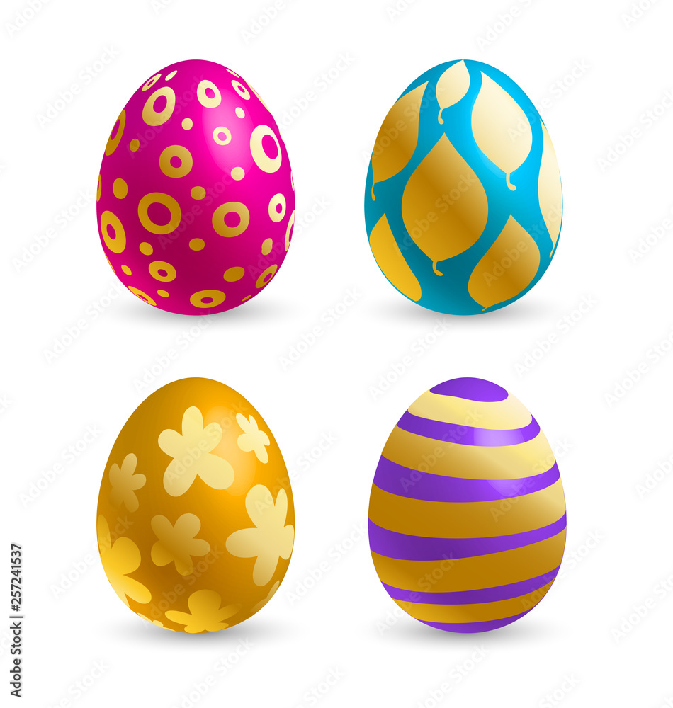 Happy Easter celebration card with golden abstractl design decorated on multicolored easter eggs.