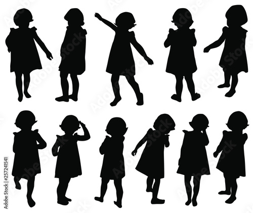 Set of silhouettes of a little girl, vector, different poses, standing, black color, isolated on white background