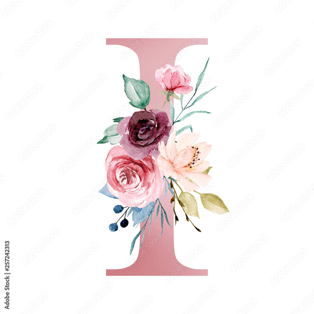 Floral alphabet, letter I with watercolor flowers and leaf. Monogram