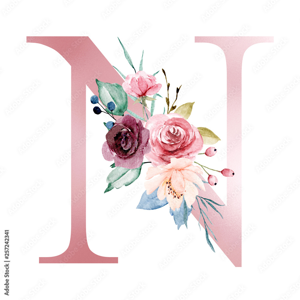 Floral alphabet, letter N with watercolor flowers and leaf. Monogram