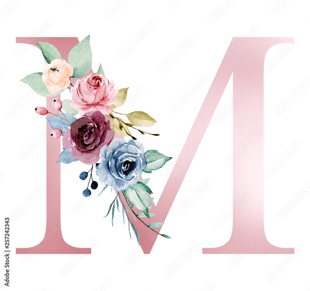 Letter M Floral Monogram Initial Watercolor Stock Illustration 1655270269