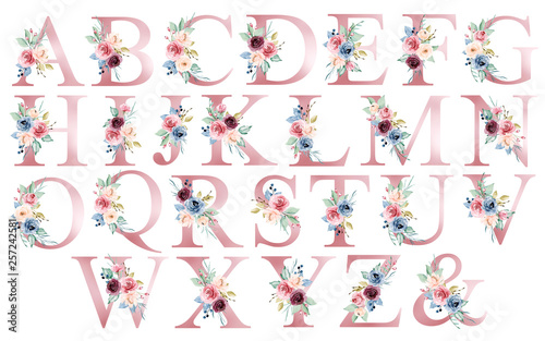 Vászonkép Floral alphabet, letters set with watercolor flowers and leaf