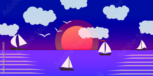 Seascape and Sailing ship. Yacht race, ocean regatta. Travel, holidays, vacation concept. Summer active sport.  