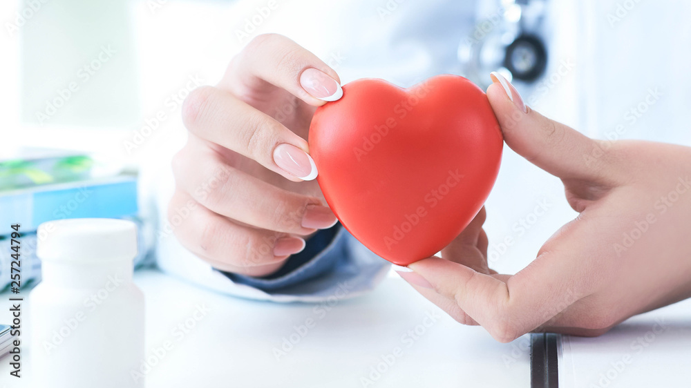 Female medicine doctor hold in hands red toy heart close -up. Cardio therapist student education concept