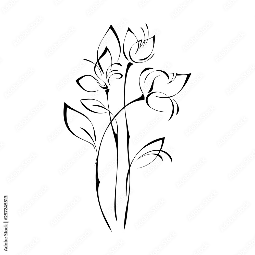 three stylized flowers on long stems with leaves in black lines on a white background three stylized flowers on long stems with leaves in black lines on a white background