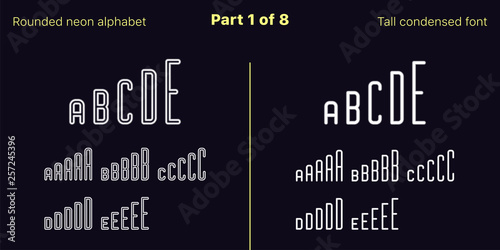 Condensed White neon font, Rounded. Vector set