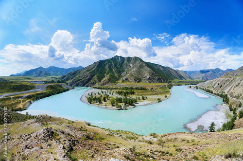 Confluence of Katun and Chuya rivers forming a horseshoe, Altai Republic