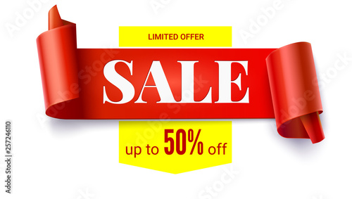 Sale. Realistic curved red banner isolated on white background. Ribbon with special limited offer, fifty percent off. Three dimensional vector illustration for events by discount