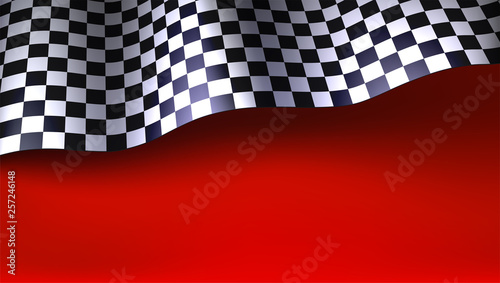 Waving checkered racing flag on red background. Flag for car or motorsport rally. Three dimensional vector illustration for races, competitions, lotto, bookmakers office, promotion of rates.