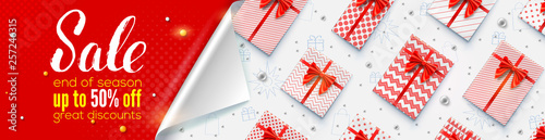 Sale get up to 50 percent discount, limited offer. Banner with bended corners of pages. Handwriting text Sale and design of promo block on red background. Gift boxes and toys on white background