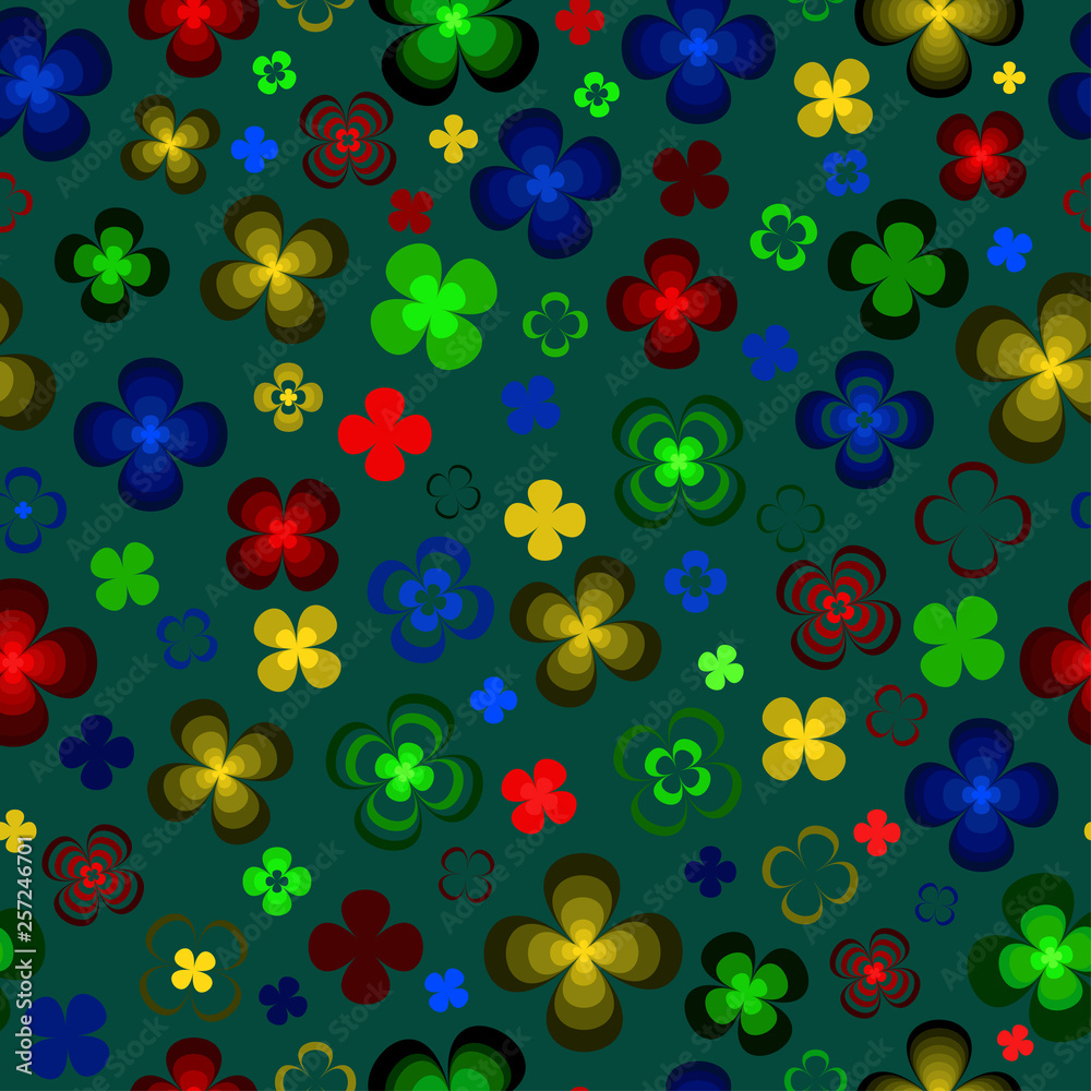 Colored abstract flowers on a green background .Seamless pattern.