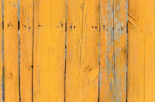 Old yellow wooden wall with cracked paint layer  detailed background photo texture