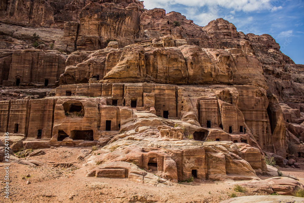 famous world heritage touristic site in Jordan Middle East country Petra building landmark houses carved in rock