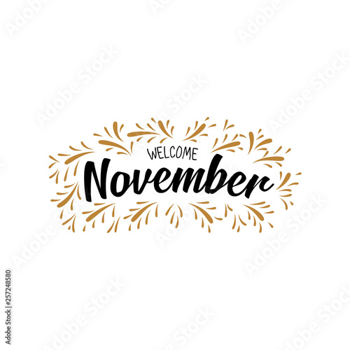 welcome november . Hand drawn brush pen lettering. design for holiday greeting card and invitation of seasonal november holiday. - Vector