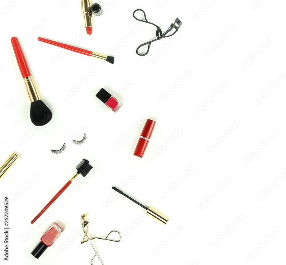 Makeup cosmetic accessories products  brushes, lipstick on white background top view, flat lay.  Copy space