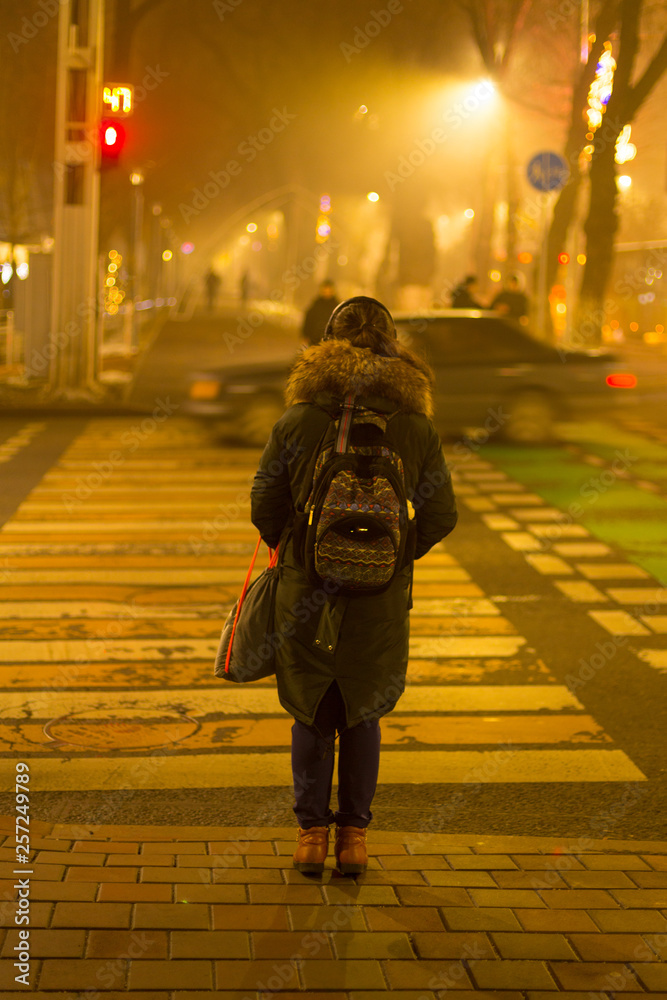 Rear view of a woman going home late at night. The girl crosses the road at the pedestrian crossing.