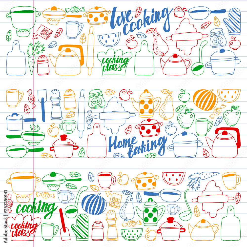 Vector set of children's kitchen and cooking drawings icons in doodle style. Painted, colorful, pictures on a piece of linear paper on white background.