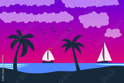 Vector seascape and sky background. Tropical Beach and Palm Trees Silhouette Travel Holiday Vacation Concept.