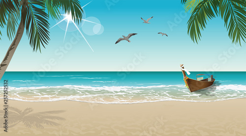 Fototapeta Naklejka Na Ścianę i Meble -  Vector seaside view poster with tropical beach and palms