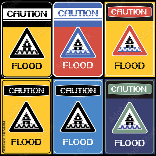 Caution. Flood. Sign,set. Information about the natural phenomenon dangerous to life and health in the area.