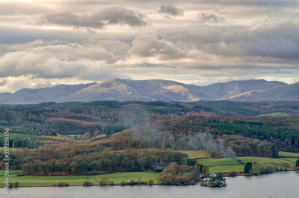 A panoramic view of the Windermere and the Coniston fells in the English Lake District. - obrazy, fototapety, plakaty 