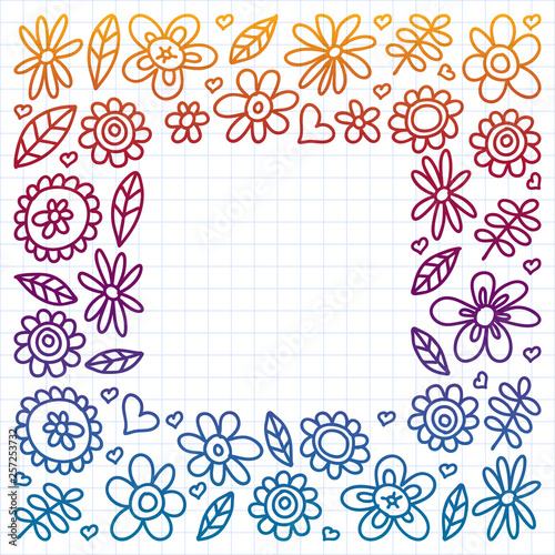 Vector set of child drawing flowers icons in doodle style. Painted, colorful, gradient, on a sheet of checkered paper on a white background.