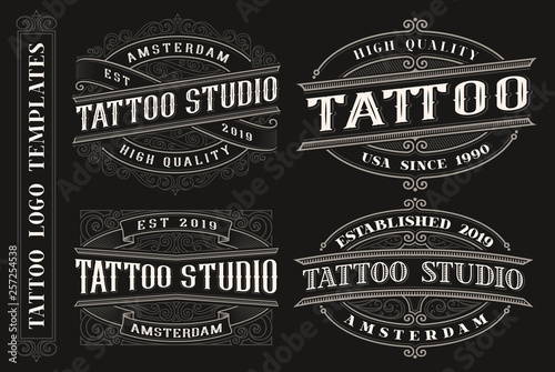 Set of vintage tattoo emblems, logos, badges.