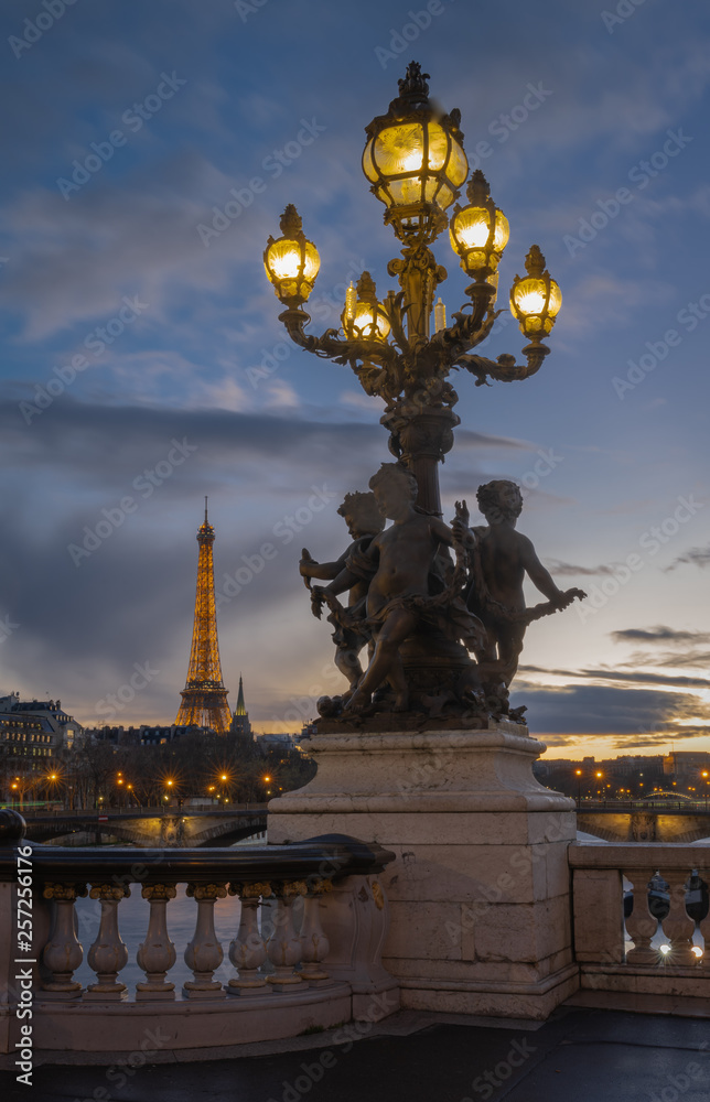Fototapeta premium Paris, France - 03 17 2019: Quays of the Seine. View of Eiffel Tower from Alexander III Bridge by sunset