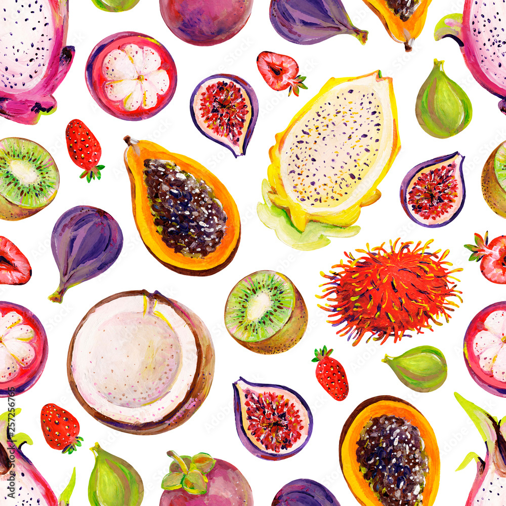 Naklejka Gouache seamless pattern with exotic fruits. Hand-drawn clipart for art work and weddind design.
