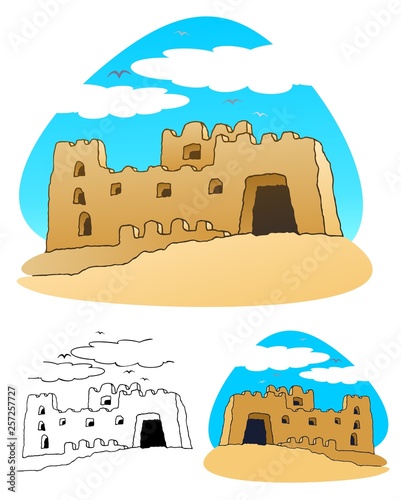 A big sand castle on the beach, with bonus variations