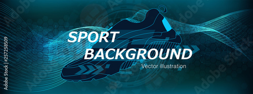 Amplitude Abstract Background with a sneaker and dynamic waves. Poster for Sports. Abstract soundtrack wave energy background, Vector illustration with dynamic waves, arrows, lines. Vector