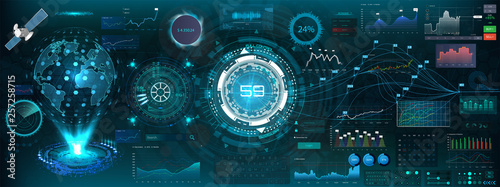 Abstract HUD elements for UI UX design. Futuristic Sci-Fi user Interface for app (space,dashboard, hologram, spaceship, medicine, finance, analytics) virtual graphic touch user interface in hud style